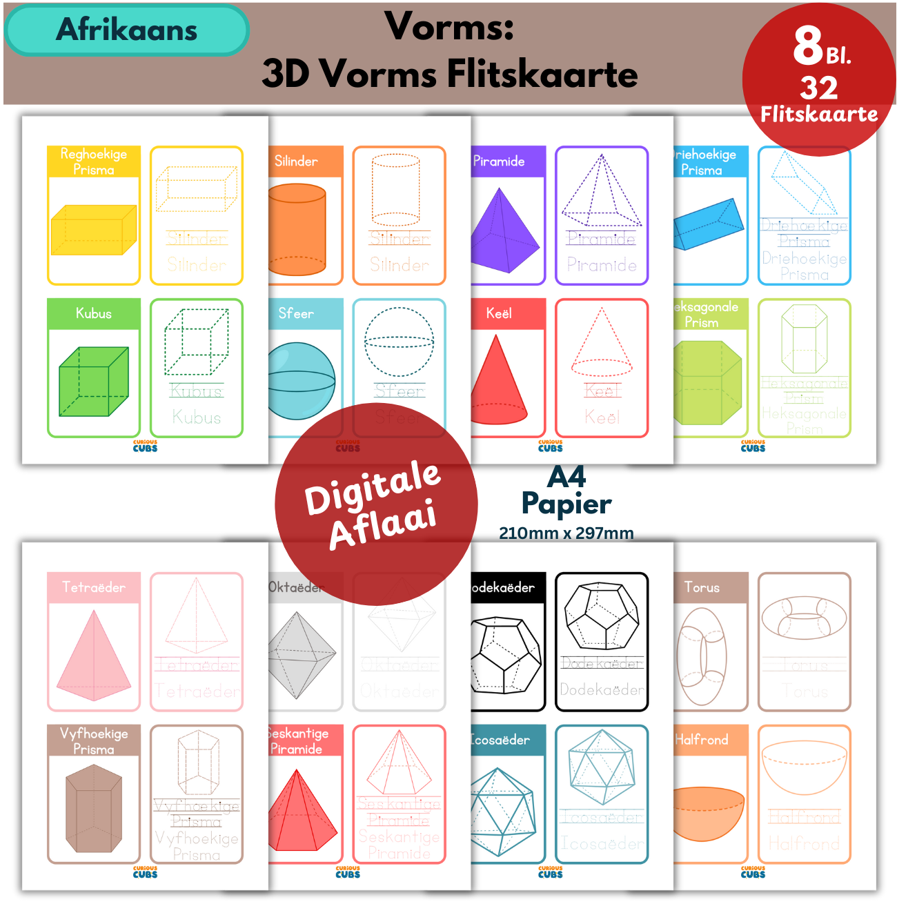 afrikaans 3d shapes flashcards