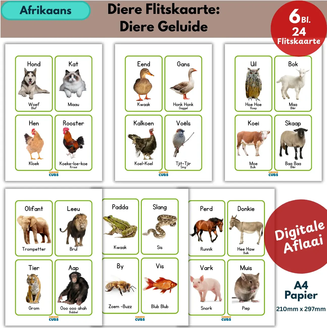 afrikaans animal sounds flashcards | diere geluide flitskaarte