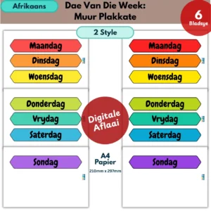 afrikaans days of the week wall posters