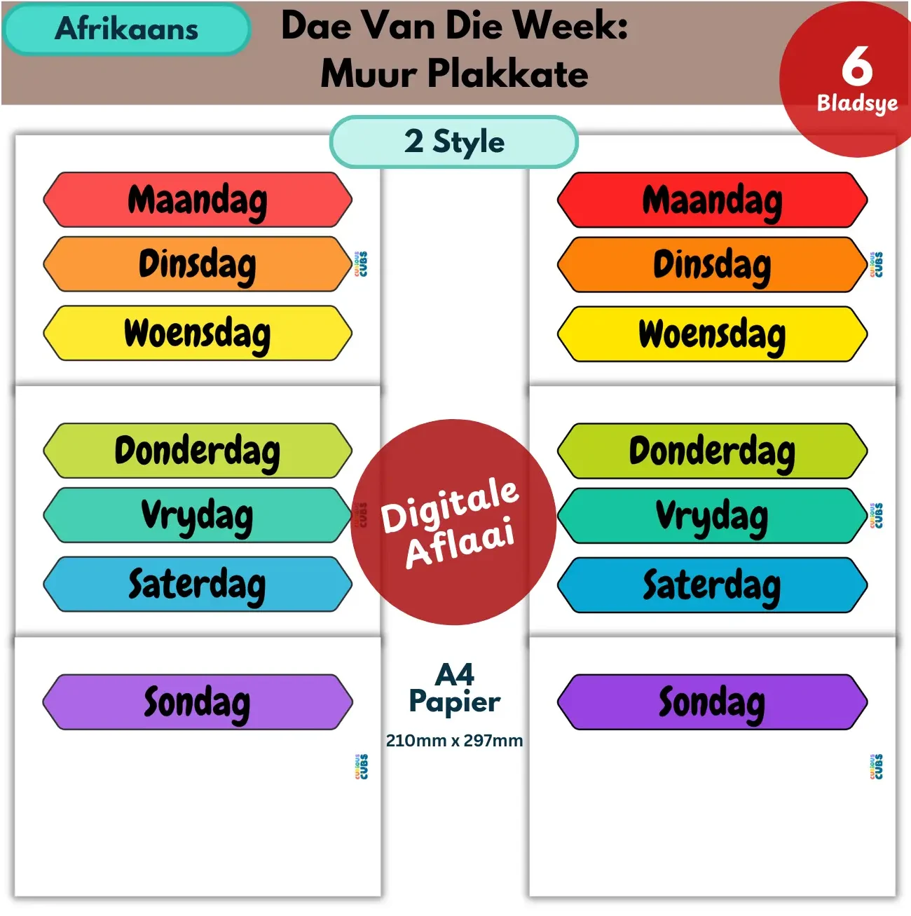 afrikaans days of the week wall posters