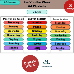 afrikaans days of the week a4 posters
