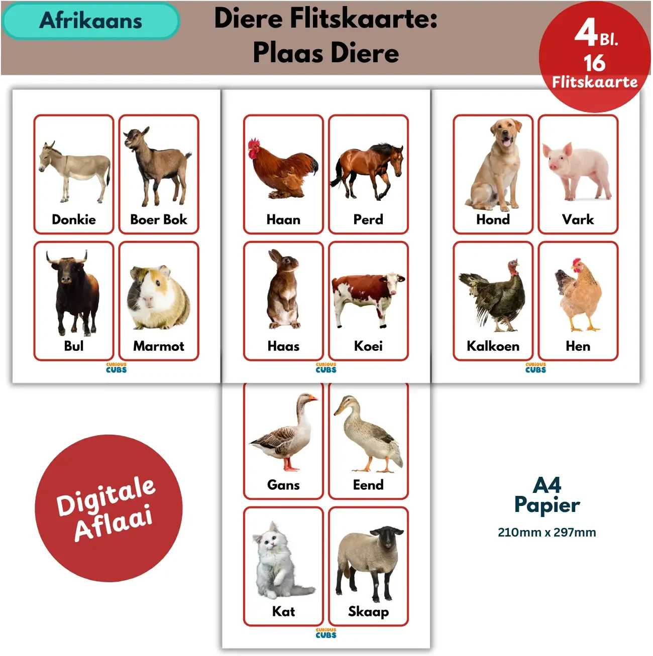 afrikaans farm animals flashcards | plaasdiere flitskaarte
