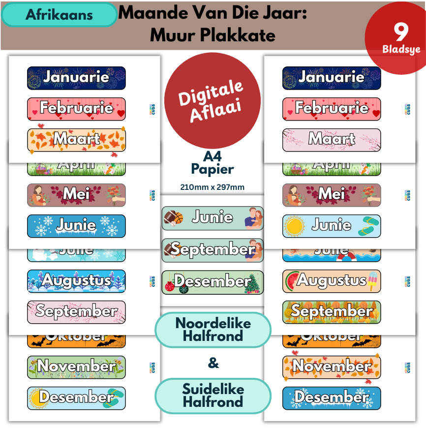 afrikaans months of the year wall posters
