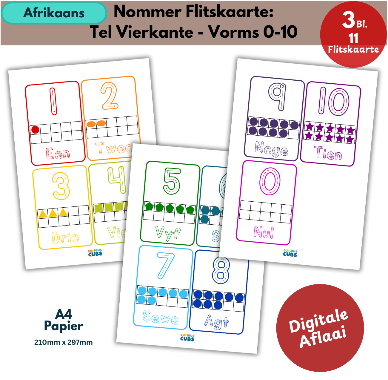 afrikaans number flashcards 0–10 counting squares