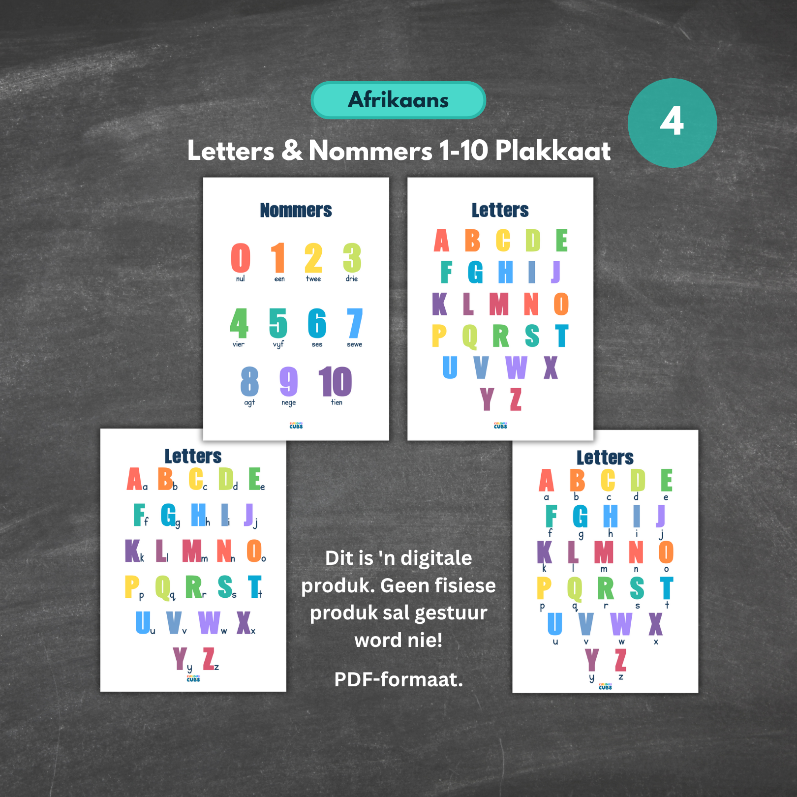 afrikaans letters & numbers posters | rainbow set 1