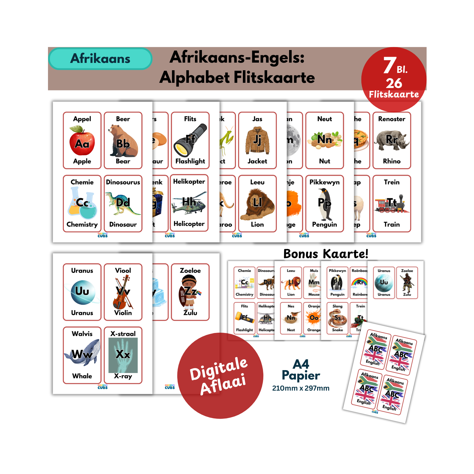 afrikaans–english alphabet flashcards