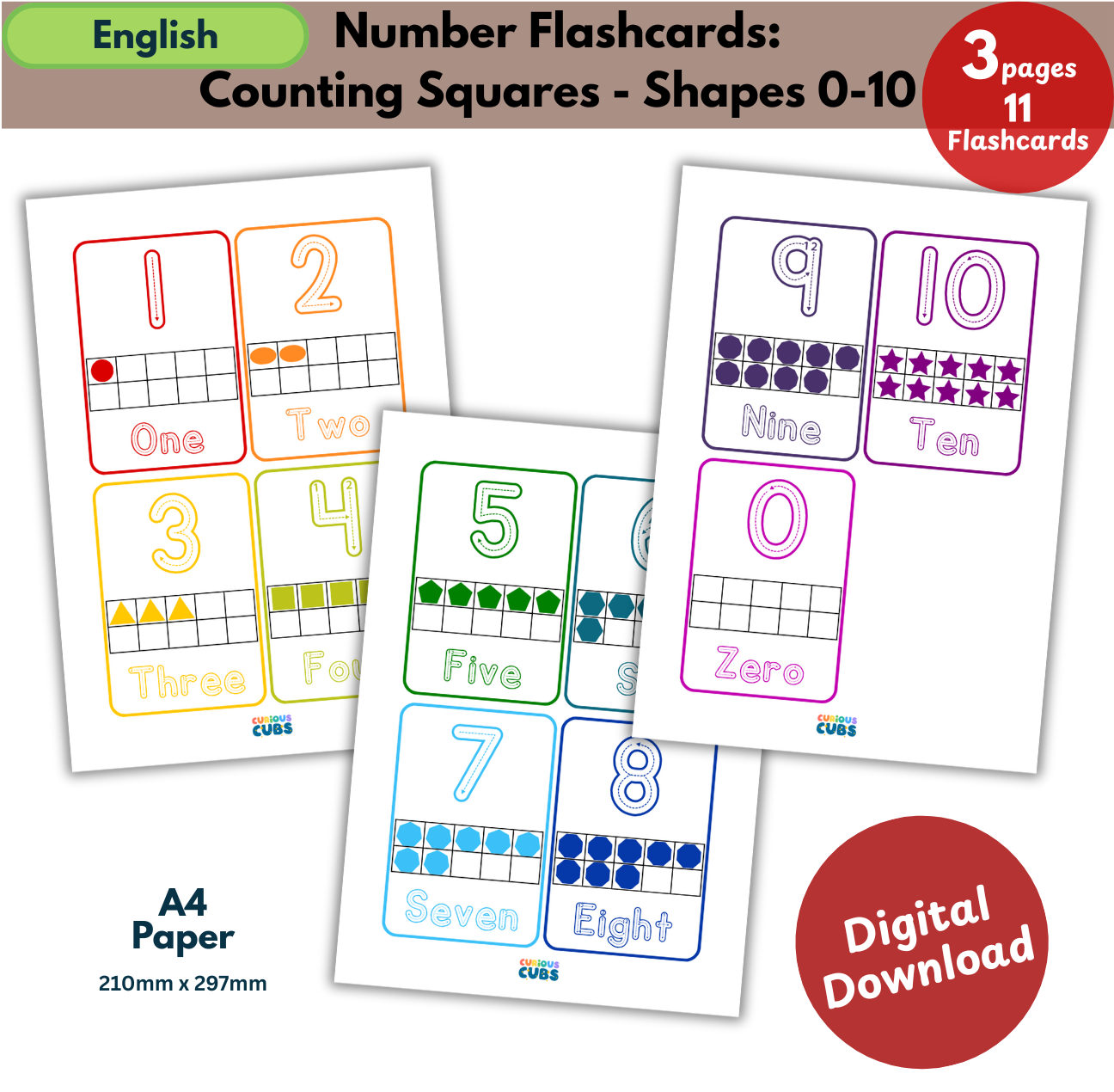 number flashcards 0–10 counting squares