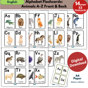 Alphabet Flashcards: Animals A–Z (Front & Back)