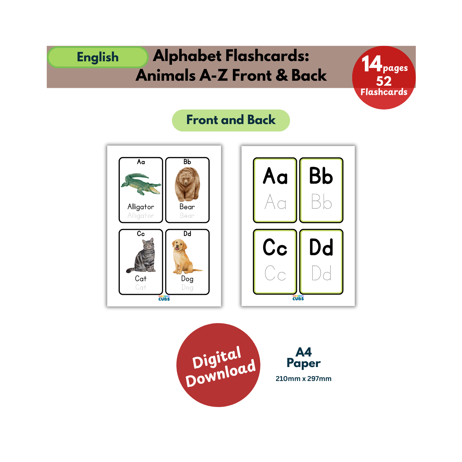 Alphabet Flashcards: Animals A–Z (Front & Back)- Writing Practice - Image 2