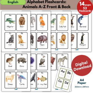 Alphabet Flashcards: Animals A–Z (Front & Back)- Writing Practice