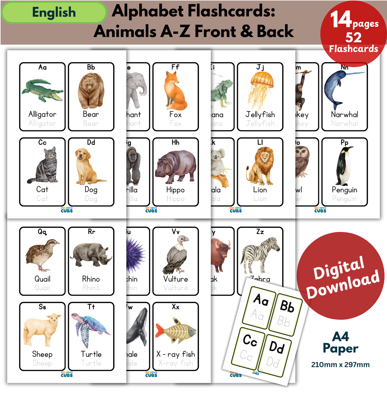 Alphabet Flashcards: Animals A–Z (Front & Back)- Writing Practice