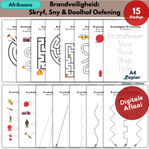 Brandveiligheid Skryf, Sny & Doolhof Oefeninge | Afrikaans Printable Activity Pack
