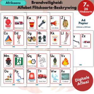 Brandveiligheid Alfabet Flitskaarte met Beskrywings | Afrikaans Letter & Woordeskat Leer